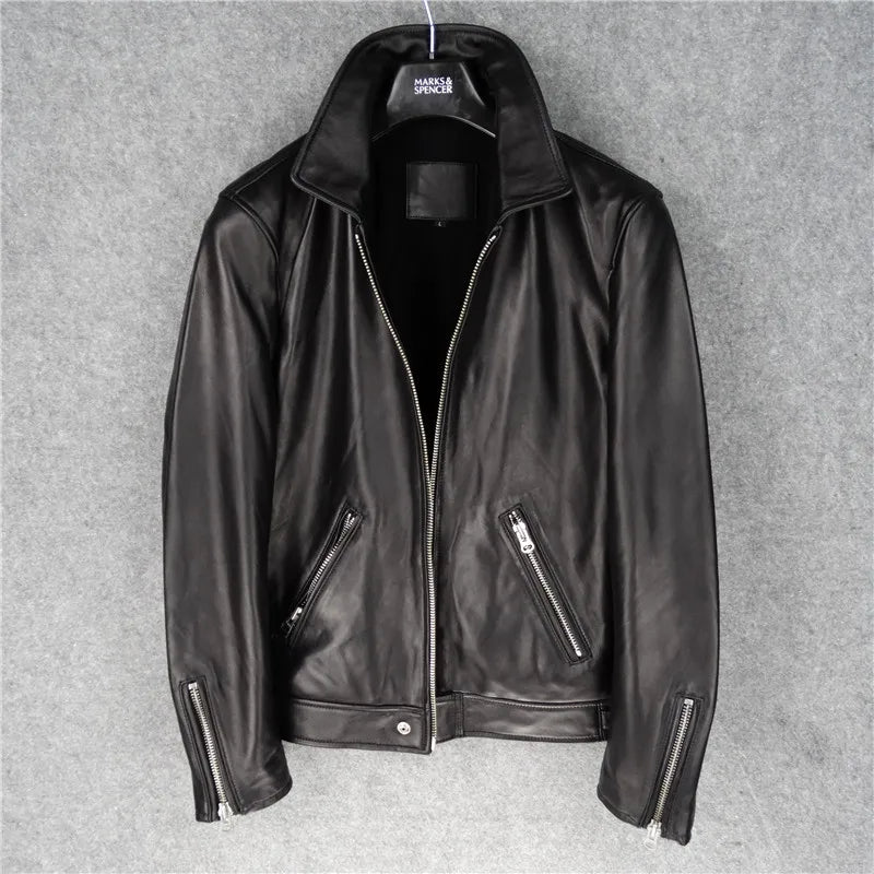 Men's genuine sheepskin leather jacket with small lapel