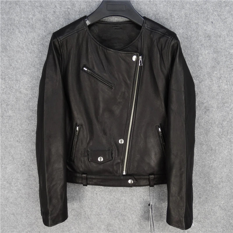 Oil wax sheepskin leather jacket women's round neck slim and thin leather oil