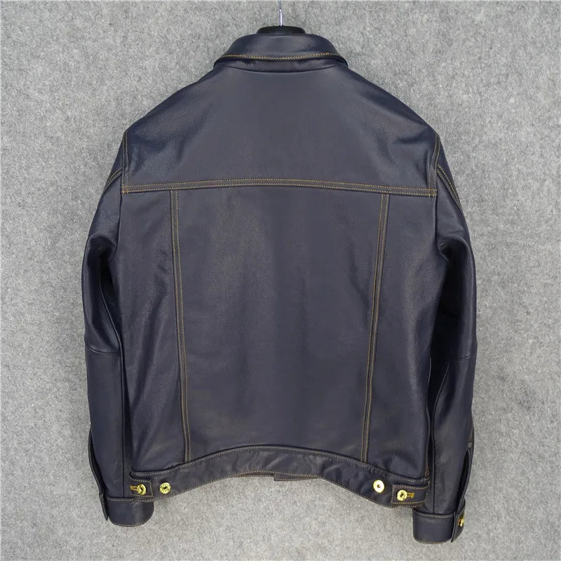 Pocket denim lychee grain cowhide leather jacket men's light brown stitching contrast color embellishment