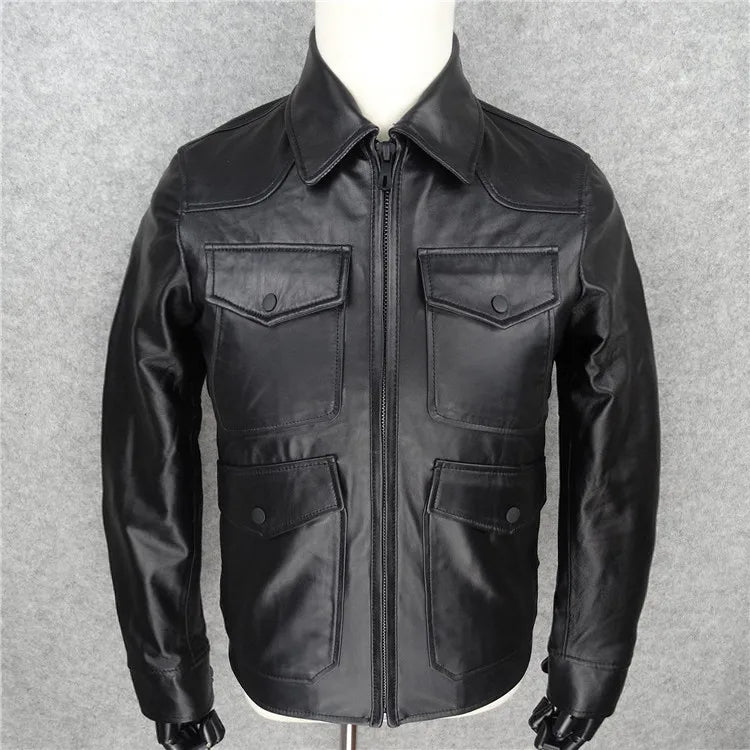 The first layer of sheepskin leather leather jacket is a slim and thin short leather jacket with multiple pockets and lapels.