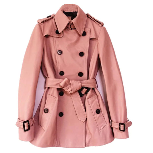 Pink classic double-breasted women's belt trench coat imported sheepskin leather jacket female slim fit