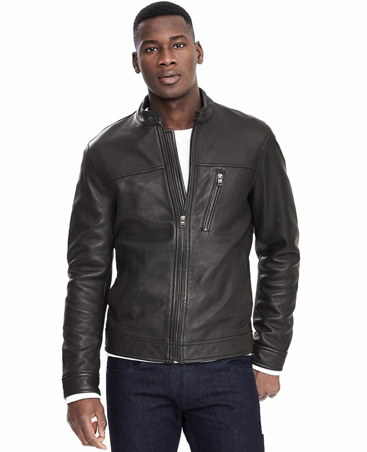 Stand collar slim fit first layer sheepskin leather leather jacket men's motorcycle clothing leather jacket short