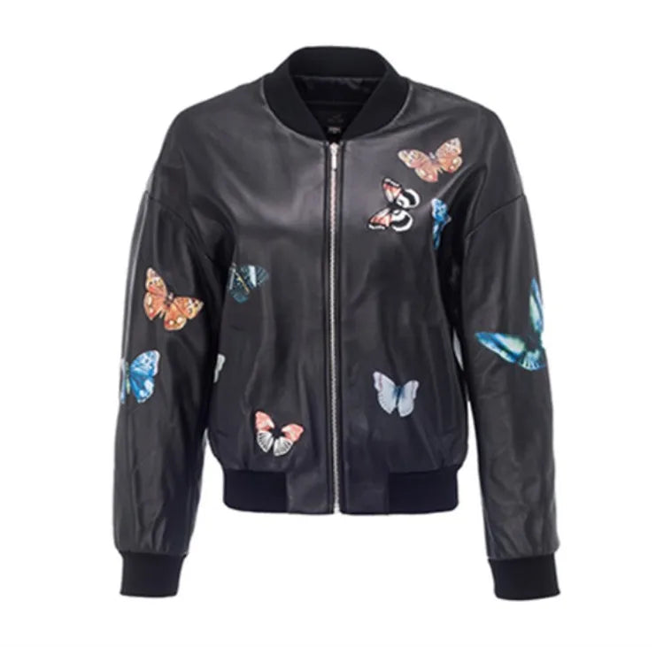 Oil painting printing 10,000 stitches embroidery butterfly female sheepskin leather leather jacket baseball jersey