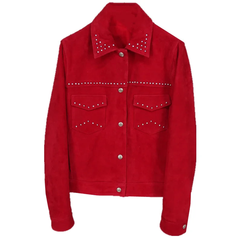 Rivet denim model, Italian imported matte sheepskin leather leather jacket women's model