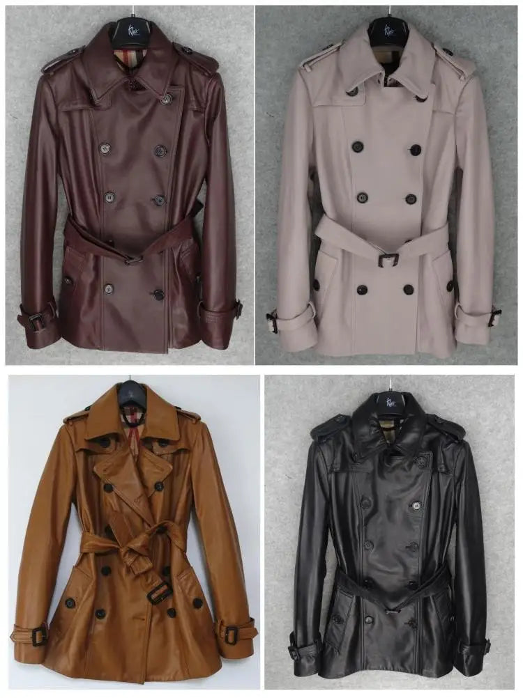 Long trench coat double-breasted women's model New Zealand imported first-layer sheepskin leather leather jacket women