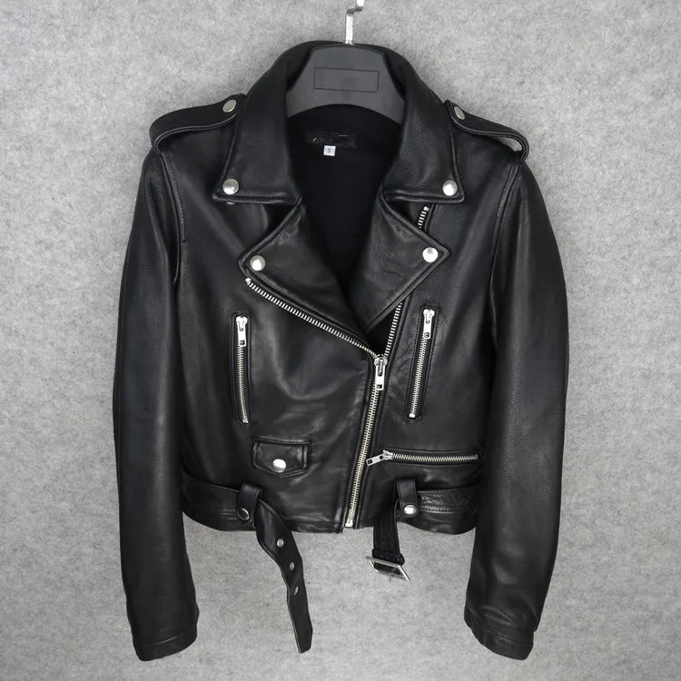 Women's Italian Oil Wax Sheepskin Heavy Wash Folded Belt Slim Fit Locomotive Suit
