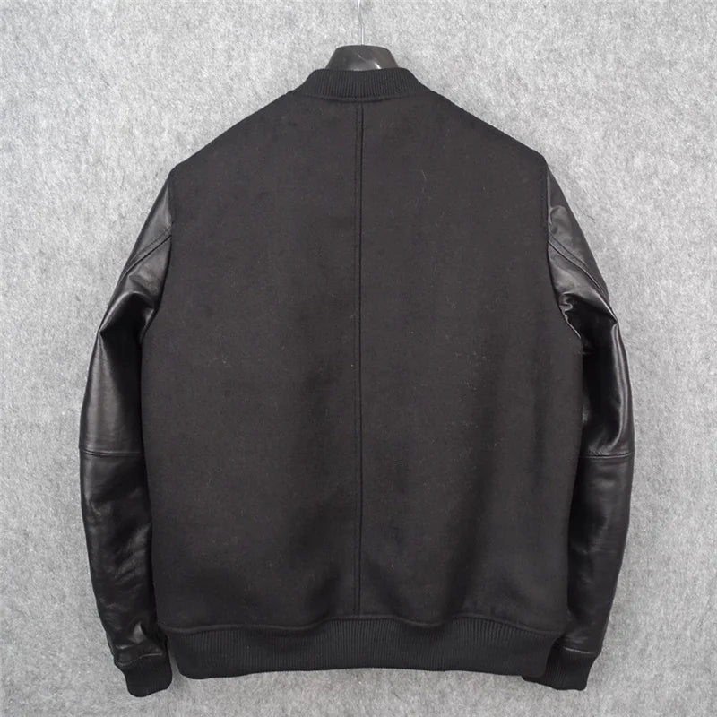 Wool nylon + sheepskin sleeve baseball jacket short leather jacket First layer sheepskin leather jacket for men and women