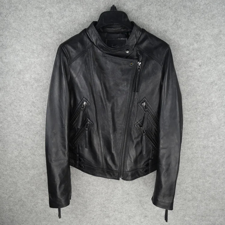 Leather leather jacket women's short Haining locomotive leather jacket 2023 spring and autumn new Korean version slim and thin