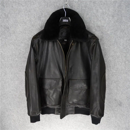 Air Force Flight Suit Leather Jacket Goat Leather Leather Clothing Motorcycle Suit Men's Cotton Removable Lamb Fur Collar