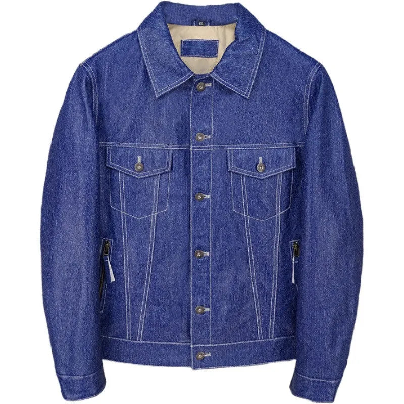 Ultra-thin ultra-soft denim texture first layer sheepskin 506 retro denim jacket leather jacket men's