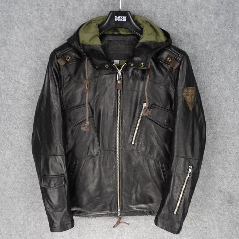 Hooded slim fit New Zealand imported first layer sheepskin leather jacket men's trench coat leather jacket
