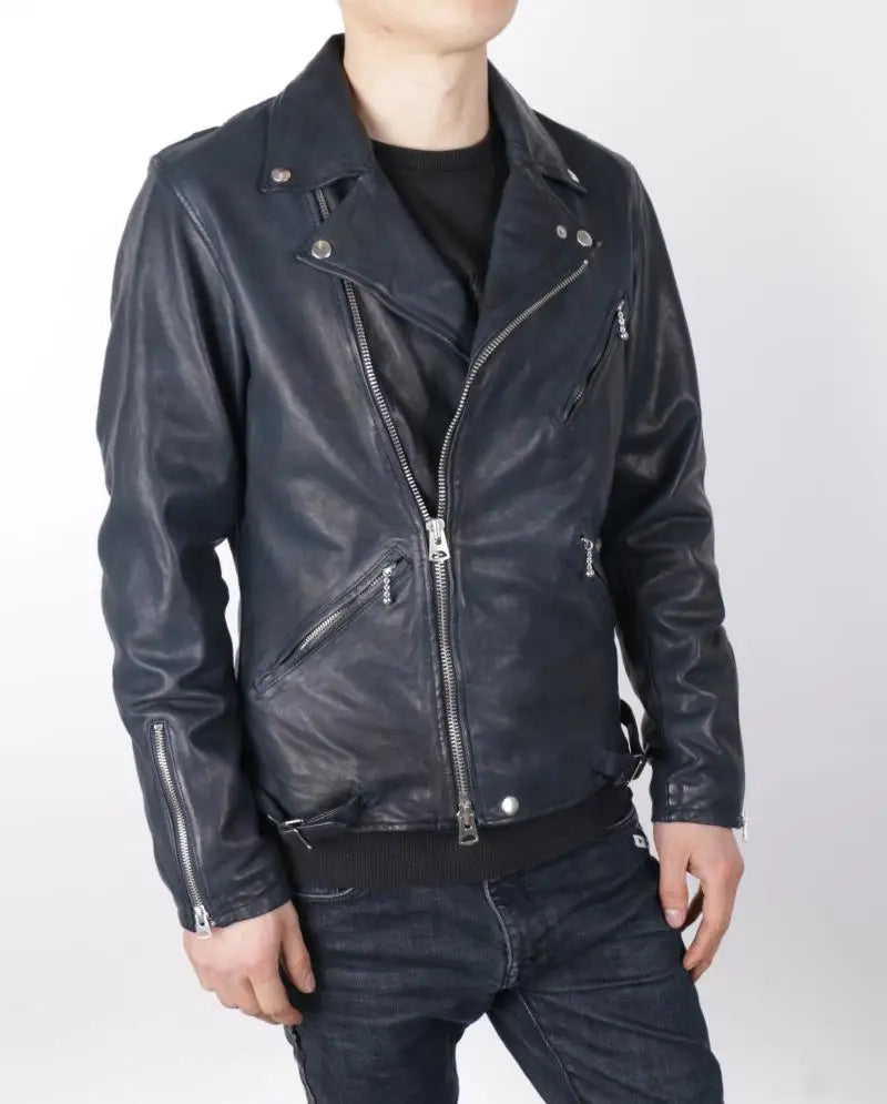Locomotive Japan Dunhou Uncoated Water Dyed Vegetable Tanned Sheepskin Cable-stayed Leather Jacket Men's Light Old Folds