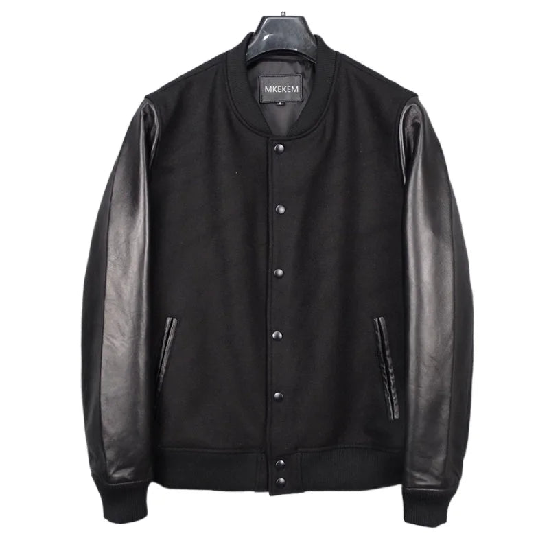 Wool nylon + sheepskin sleeve baseball jacket short leather jacket First layer sheepskin leather jacket for men and women