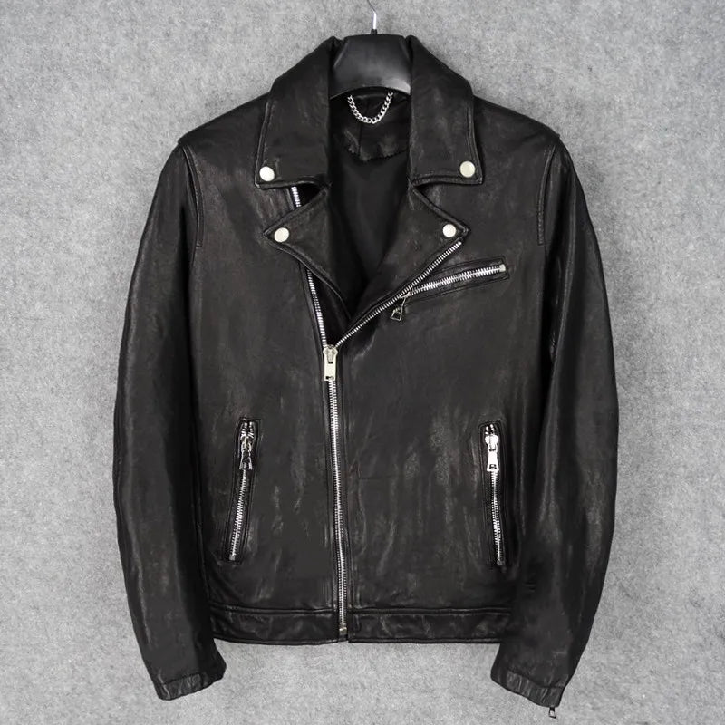 Lapel Slim Fit Top Layer Vegetable Tanned Sheepskin Leather Jacket Men's Motorcycle Clothing Short Leather Jacket