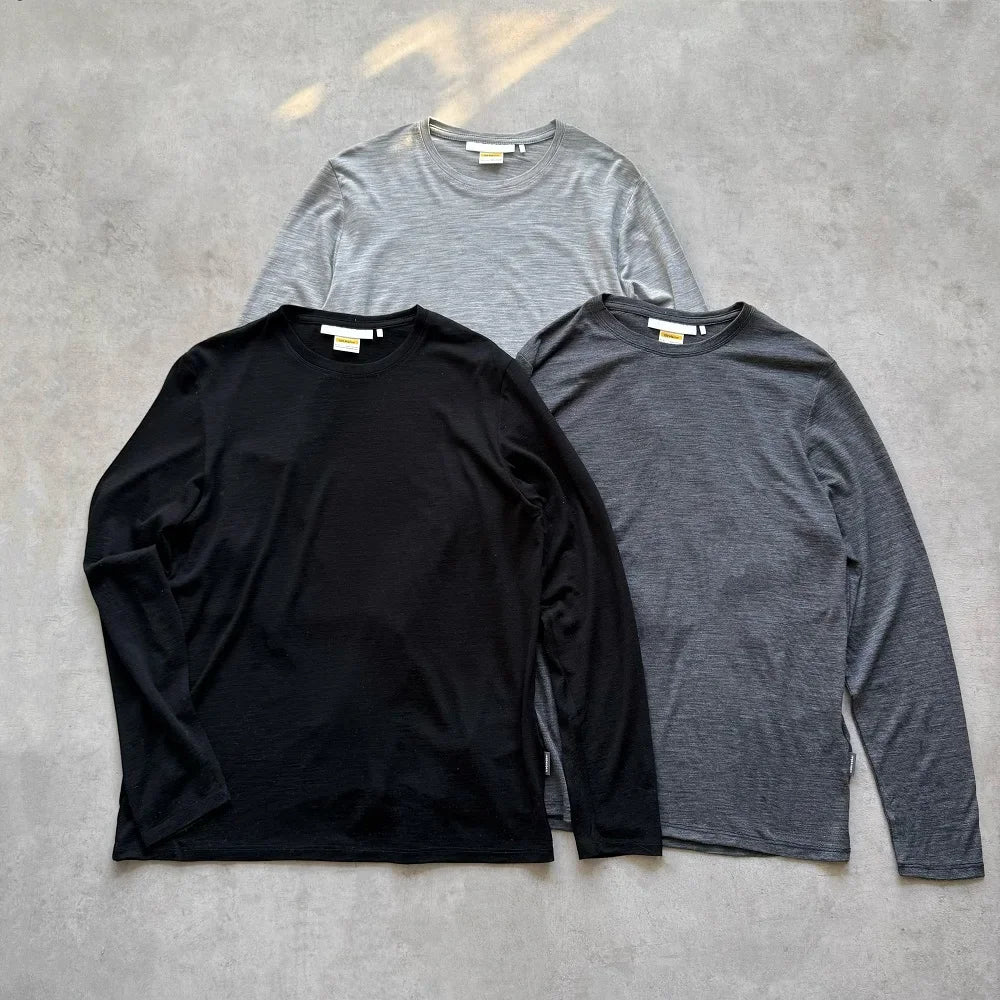 IceBk Icebreaker Merino Wool Outdoor Casual Long Sleeve Crew Neck Pullover Versatile Top Solid Color T-Shirt Men's and Women's