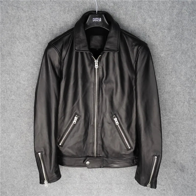 Men's genuine sheepskin leather jacket with small lapel