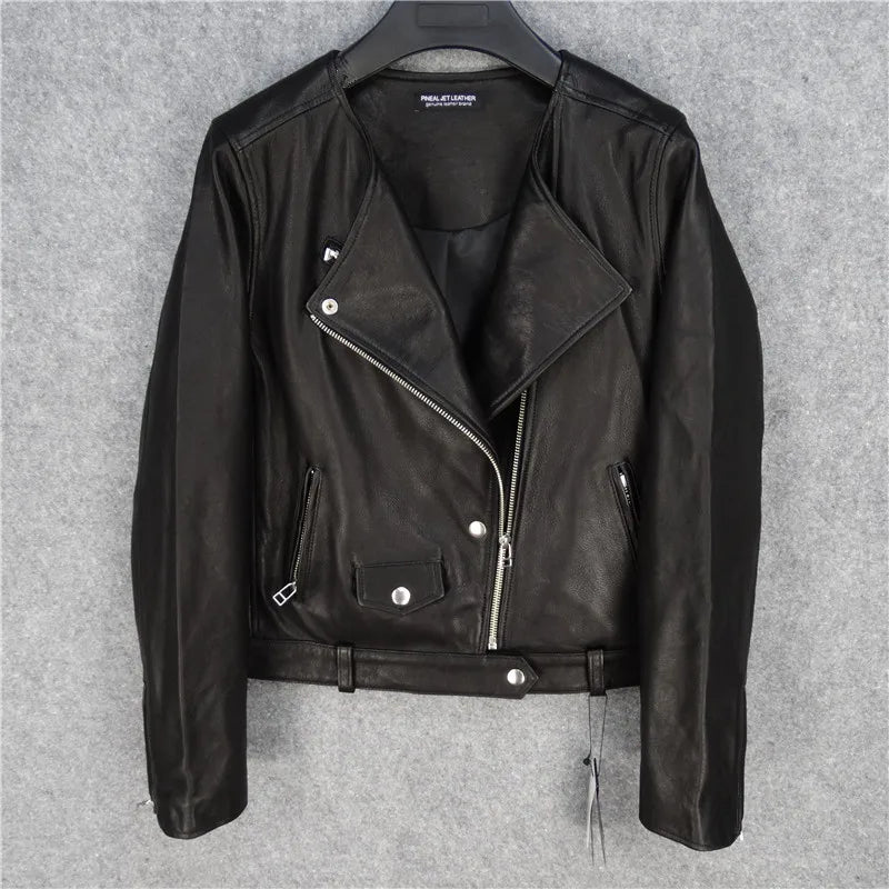 Oil wax sheepskin leather jacket women's round neck slim and thin leather oil