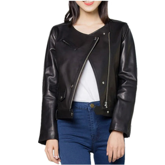 Oil wax sheepskin leather jacket women's round neck slim and thin leather oil