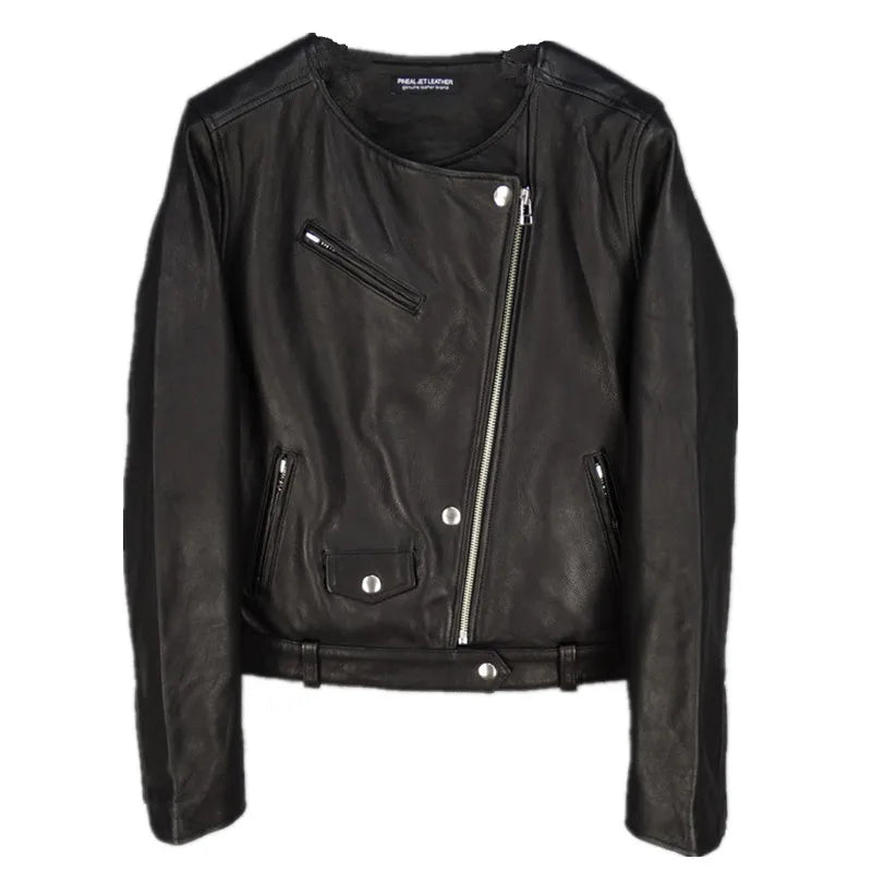 Oil wax sheepskin leather jacket women's round neck slim and thin leather oil