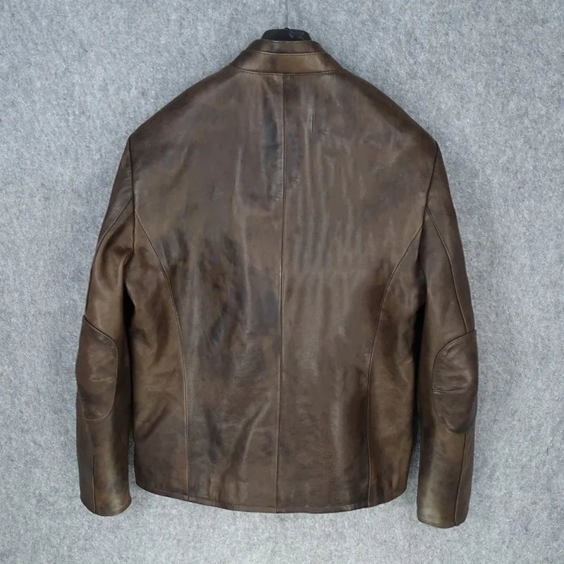Qinyou makes old first layer imported sheepskin leather leather jacket men's baseball jersey slim and thin