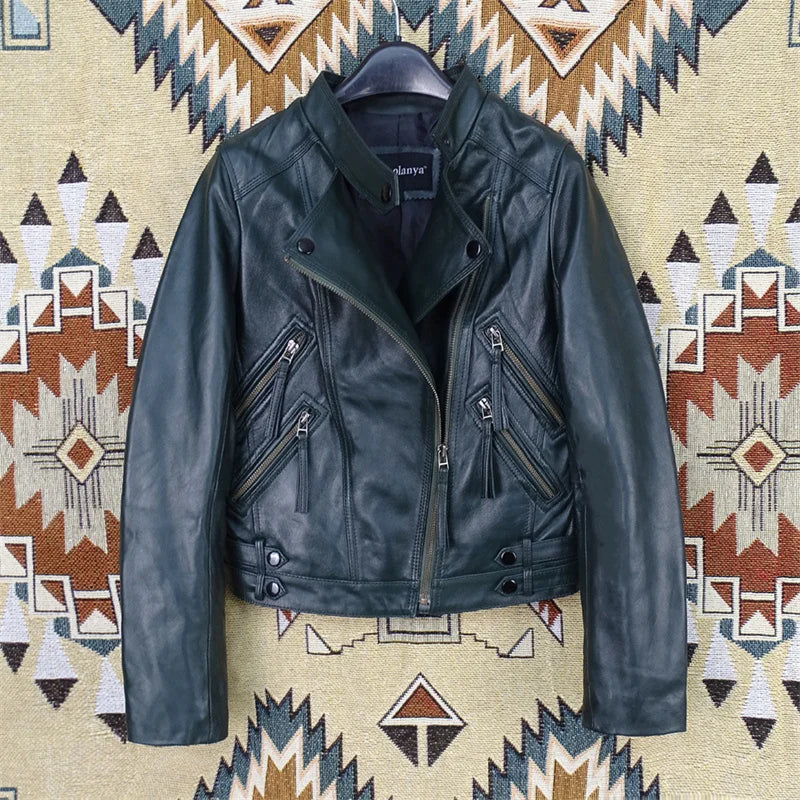 Leather leather jacket women's short Haining locomotive leather jacket 2023 spring and autumn new Korean version slim and thin