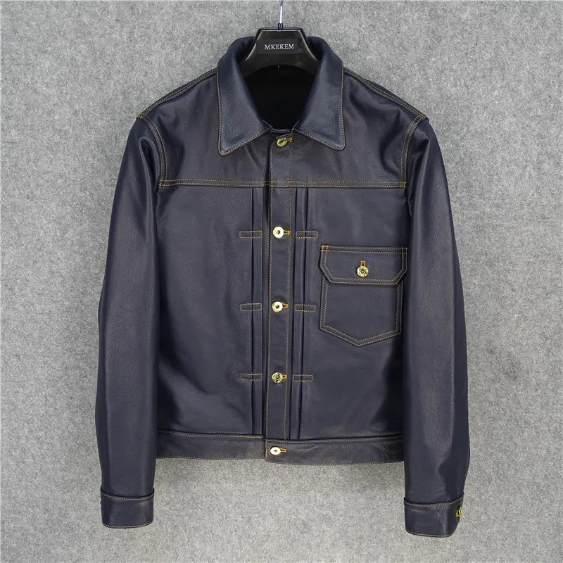 Pocket denim lychee grain cowhide leather jacket men's light brown stitching contrast color embellishment