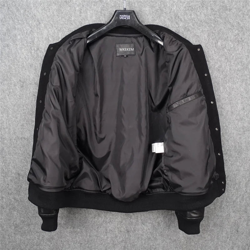 Wool nylon + sheepskin sleeve baseball jacket short leather jacket First layer sheepskin leather jacket for men and women