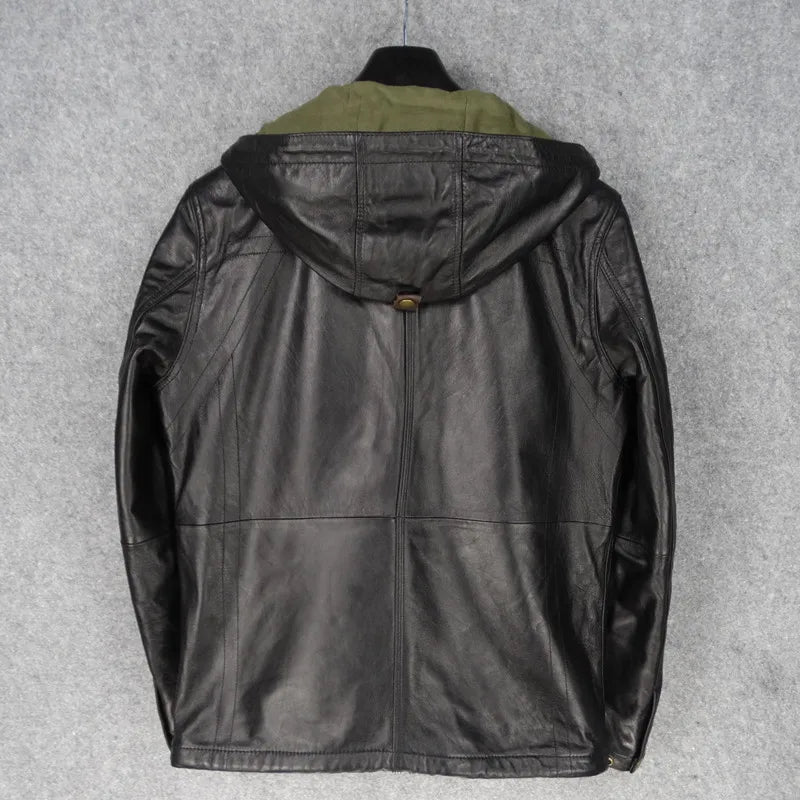 Hooded slim fit New Zealand imported first layer sheepskin leather jacket men's trench coat leather jacket