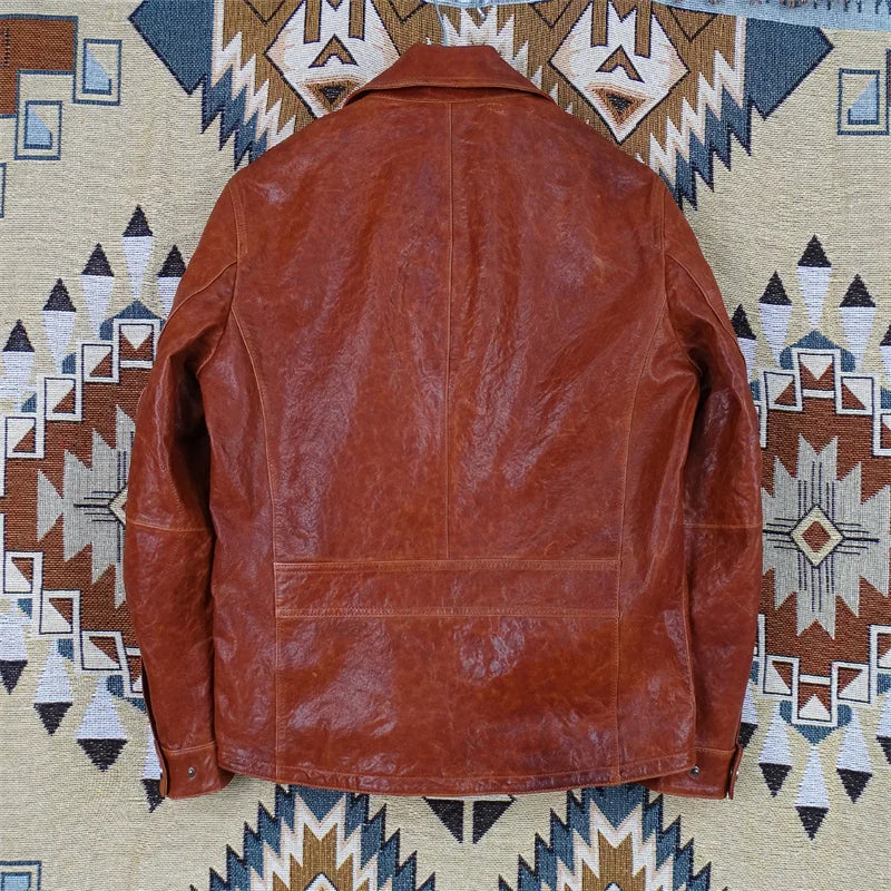 Full vegetable tanned sheepskin leather jacket for men slim fit thin lapel classic multi-pocket casual light old style