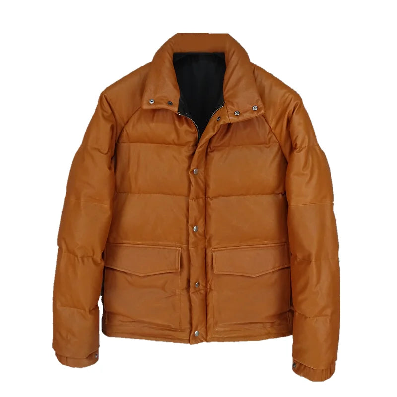 The first layer of sheepskin leather leather jacket men's thickened white duck down jacket stand-up collar men's models