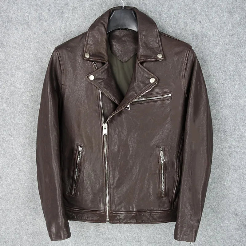 Lapel Slim Fit Top Layer Vegetable Tanned Sheepskin Leather Jacket Men's Motorcycle Clothing Short Leather Jacket