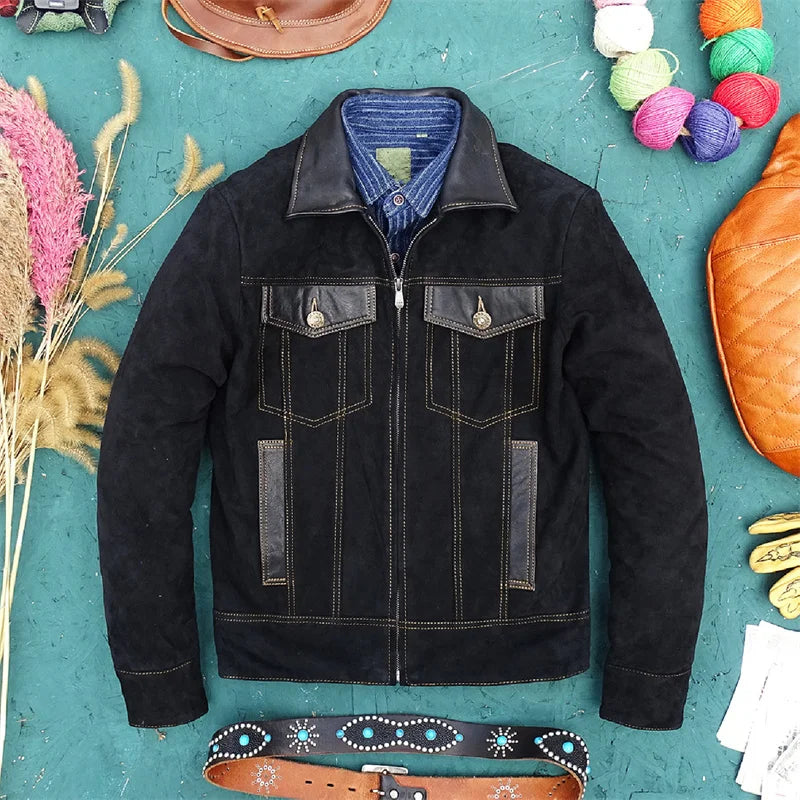 Suede sheepskin slim fit denim, contrasting sheepskin leather front
